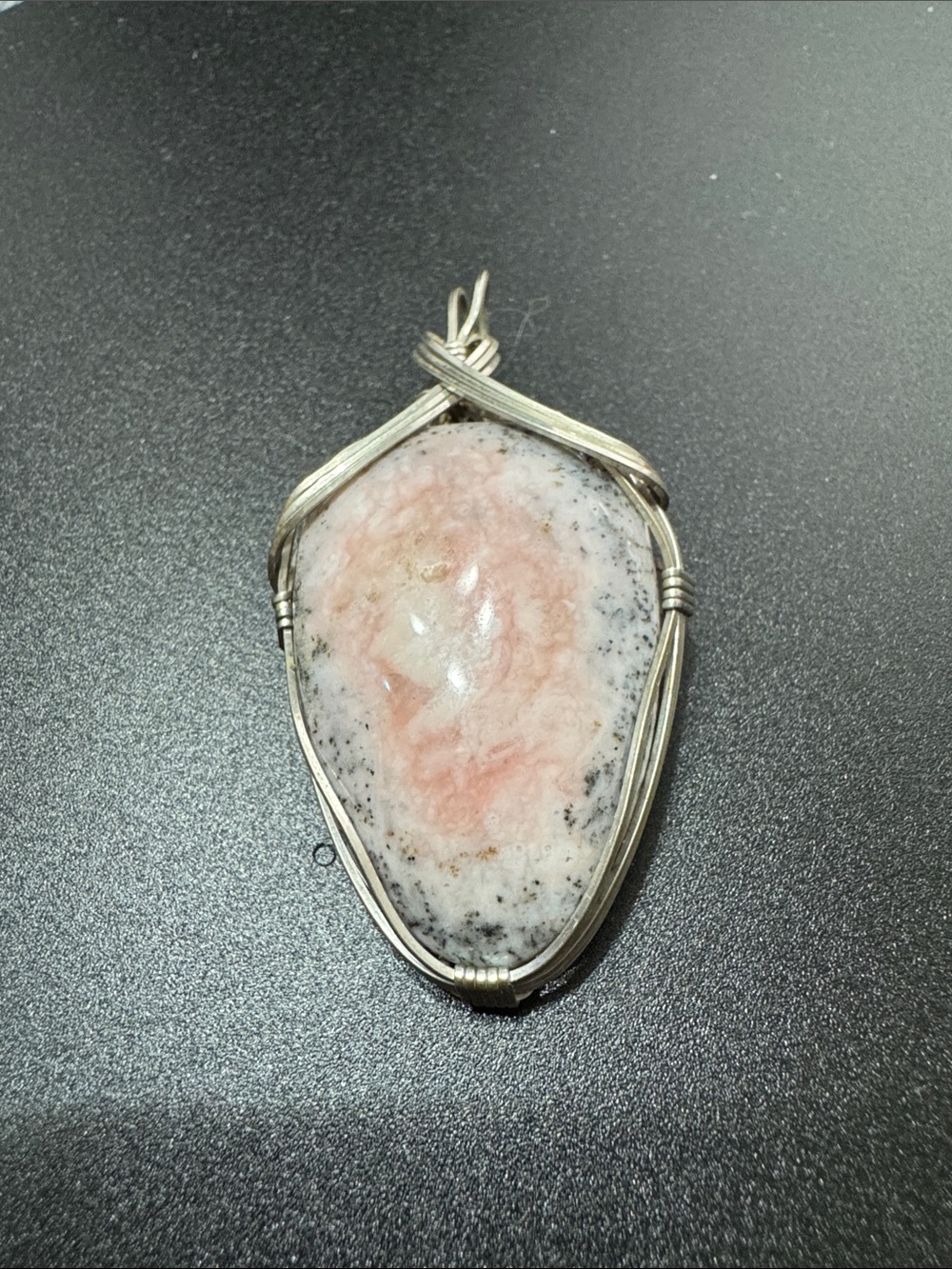 Source Unknown Pink and White Wire-Wrapped Stone Pendant